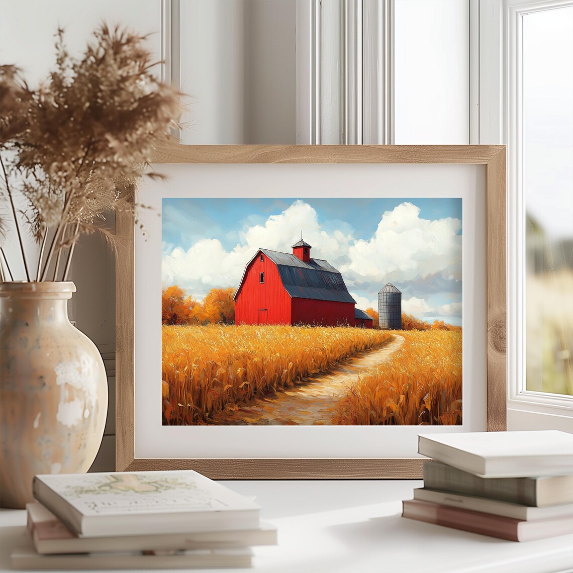 Red Barn Silo Dirt Road Golden Field Oil Painting Farm Poster - Image 2