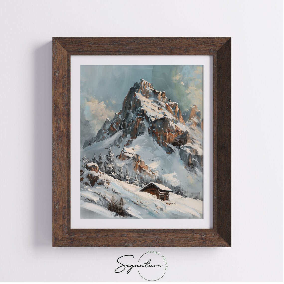 Snowy Alpine Mountain Peak Log Cabin Winter Landscape Poster - Image 4
