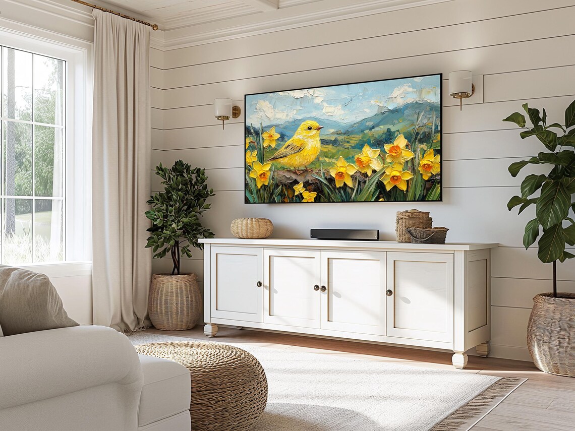 Yellow Finch Among Golden Daffodils Mountain Valley Meadow Poster - Image 3