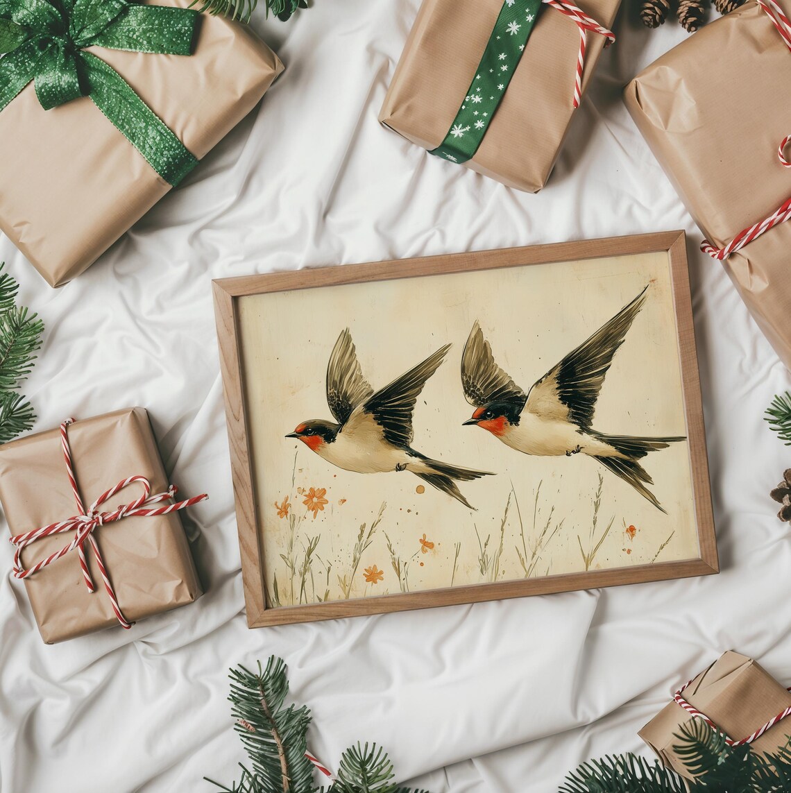 Two Swallows In Flight Over A Golden Meadow Watercolor Poster - Image 2