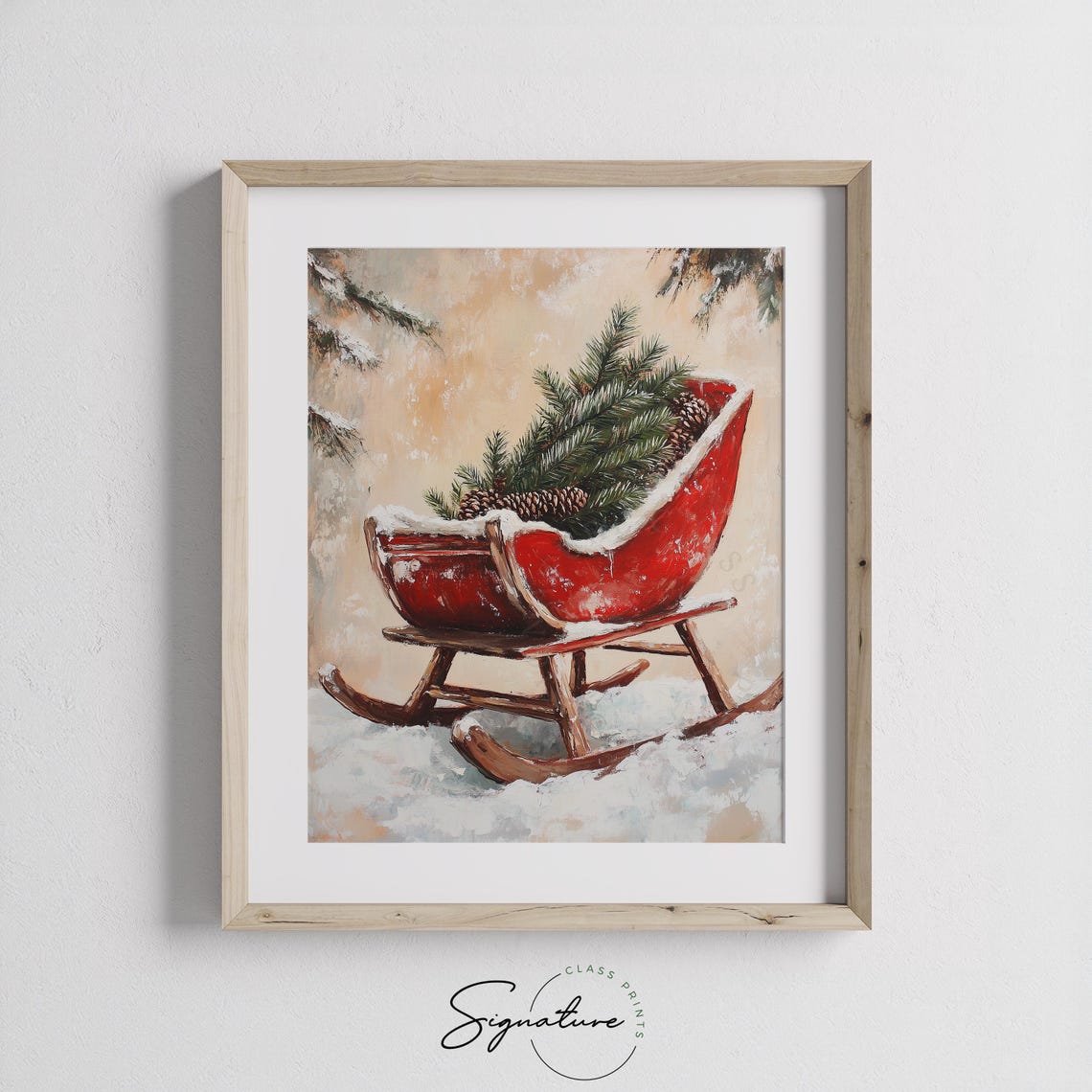 Red Vintage Sleigh Filled With Pine Branches and Pinecones Snow Poster - Image 2
