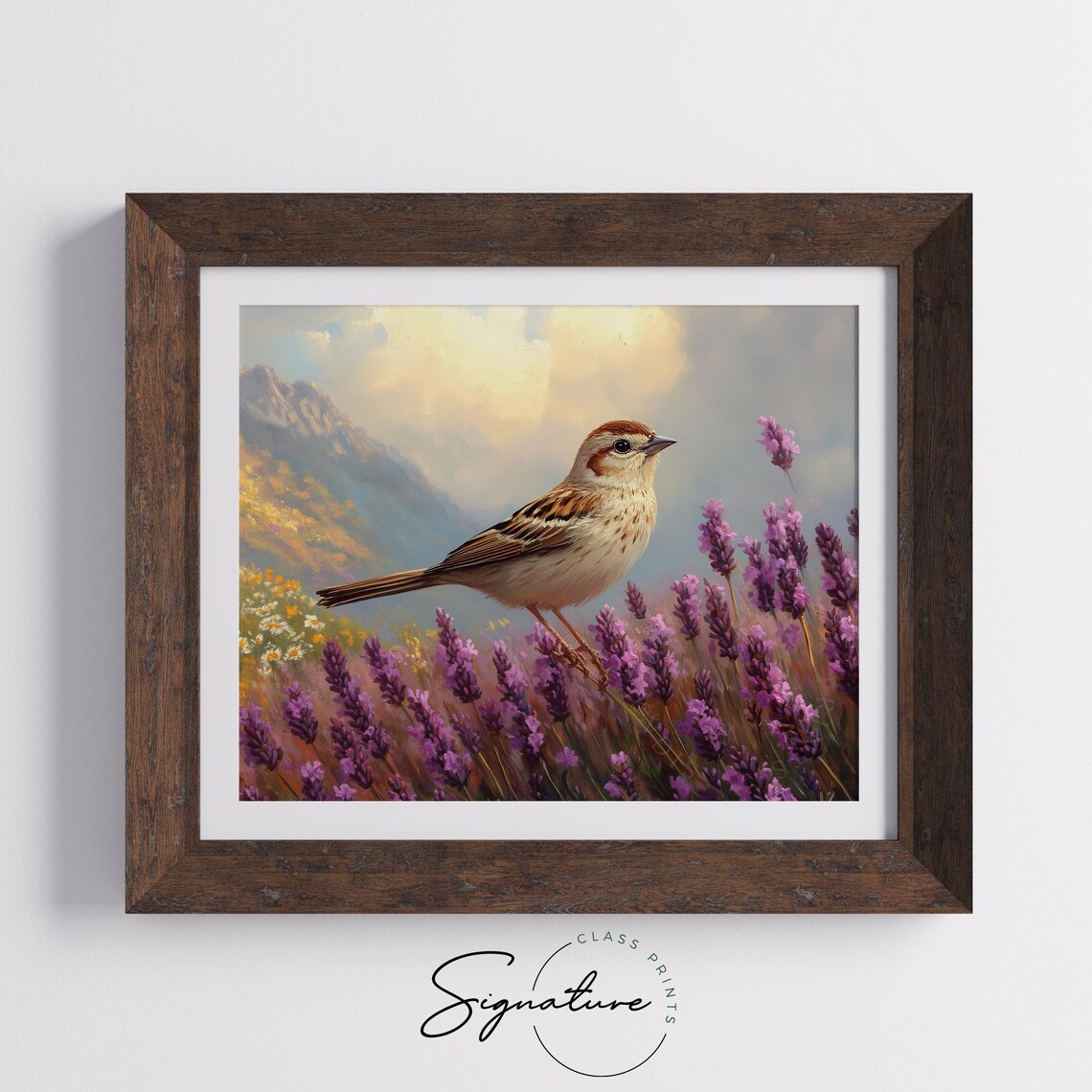 Sparrow Among Lavender Blooms Purple Flowers Mountain Meadow Summer Poster - Image 3