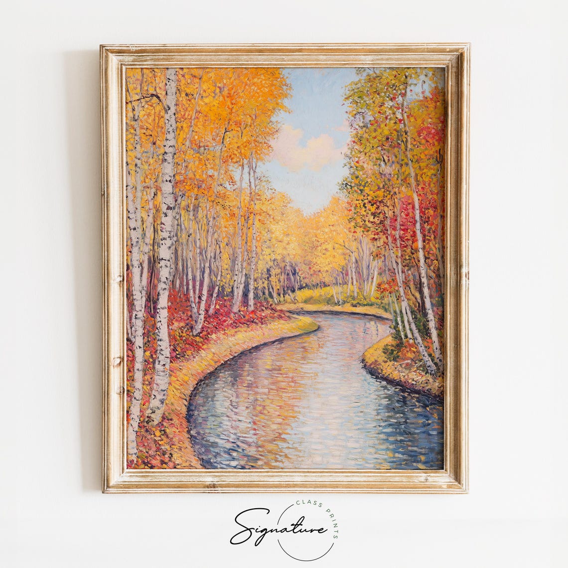 Serene Birch Forest Bowing Over a Sparkling Autumn River Poster