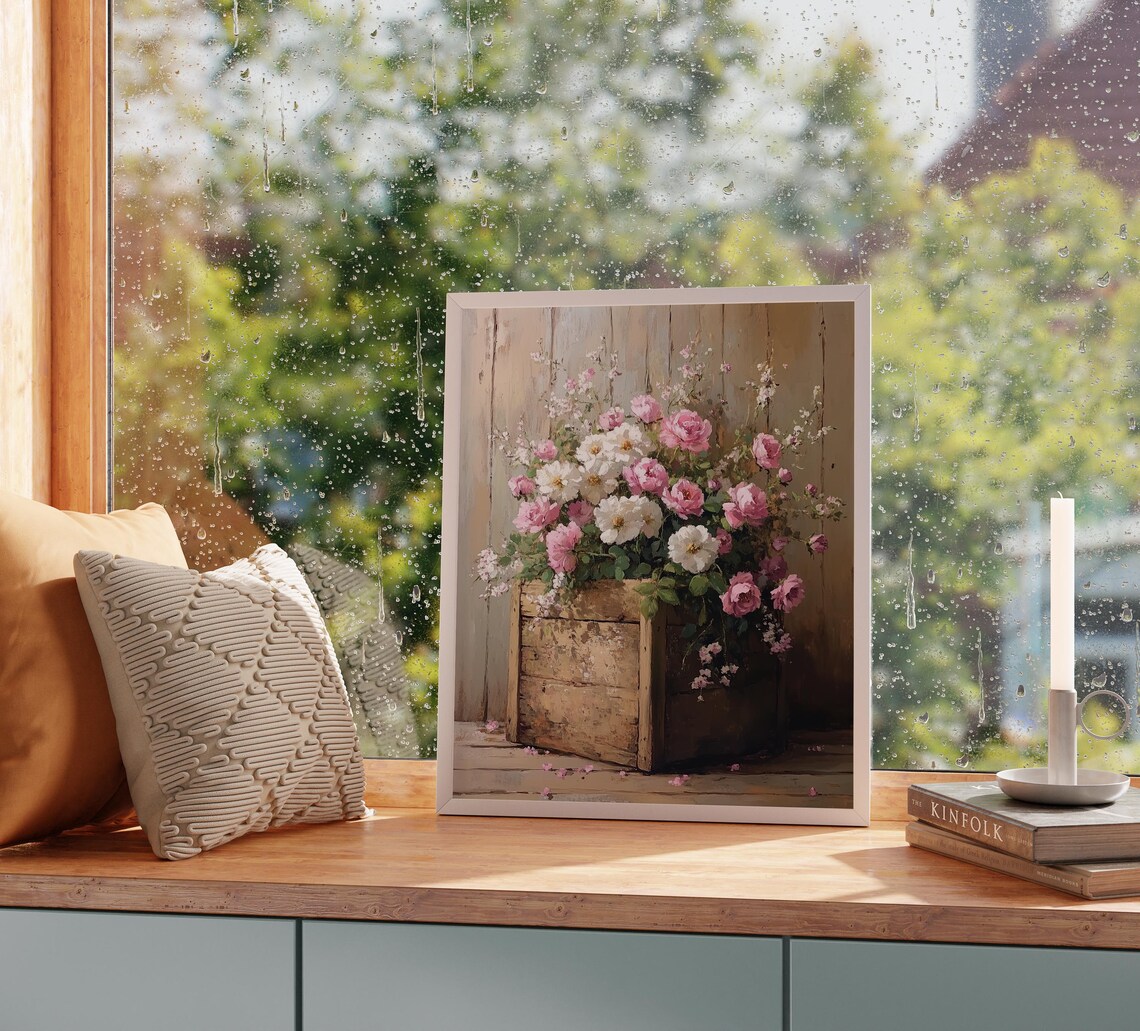 Weathered Wooden Chest With Roses, Vintage Wall Art - Image 3