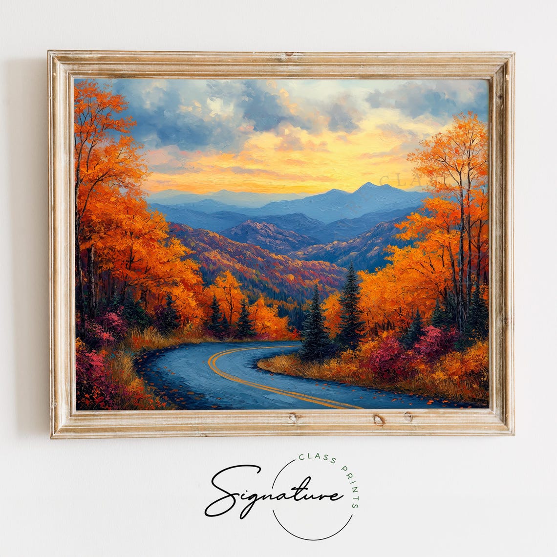 Winding Mountain Road Through Fiery Autumn Forest at Sunset Poster