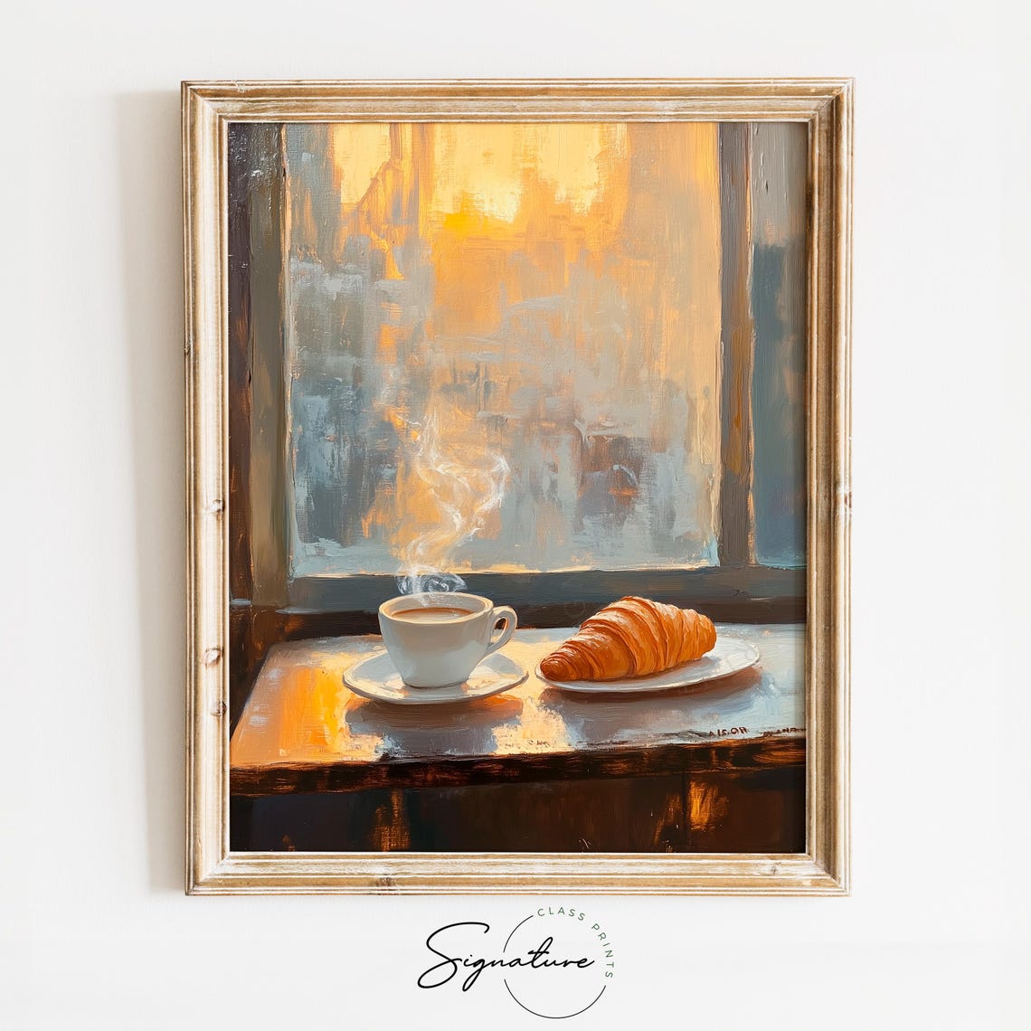Parisian Cafe Table Coffee Croissant Sunrise Window Cozy Poster