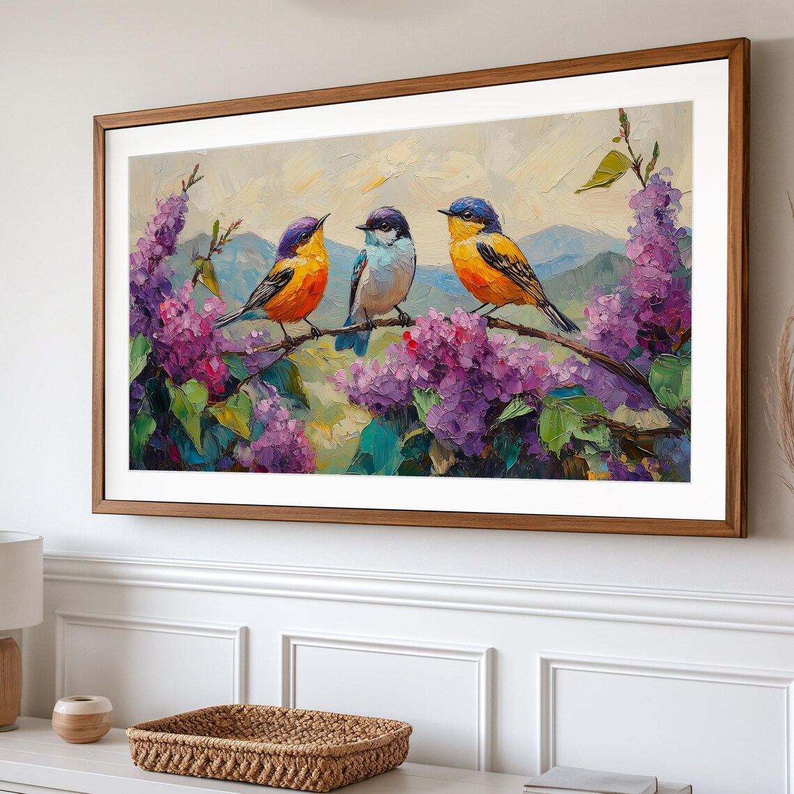 Three Colorful Songbirds On Lilac Branch Impasto Spring Poster - Image 2