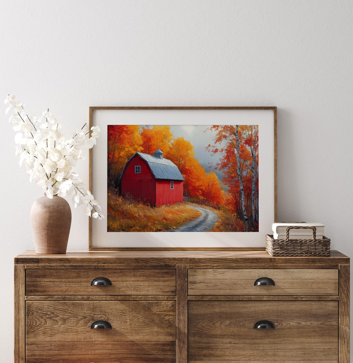 Red Barn Autumn Birches Fall Foliage Rustic Farm Lane Wall Art - Image 3