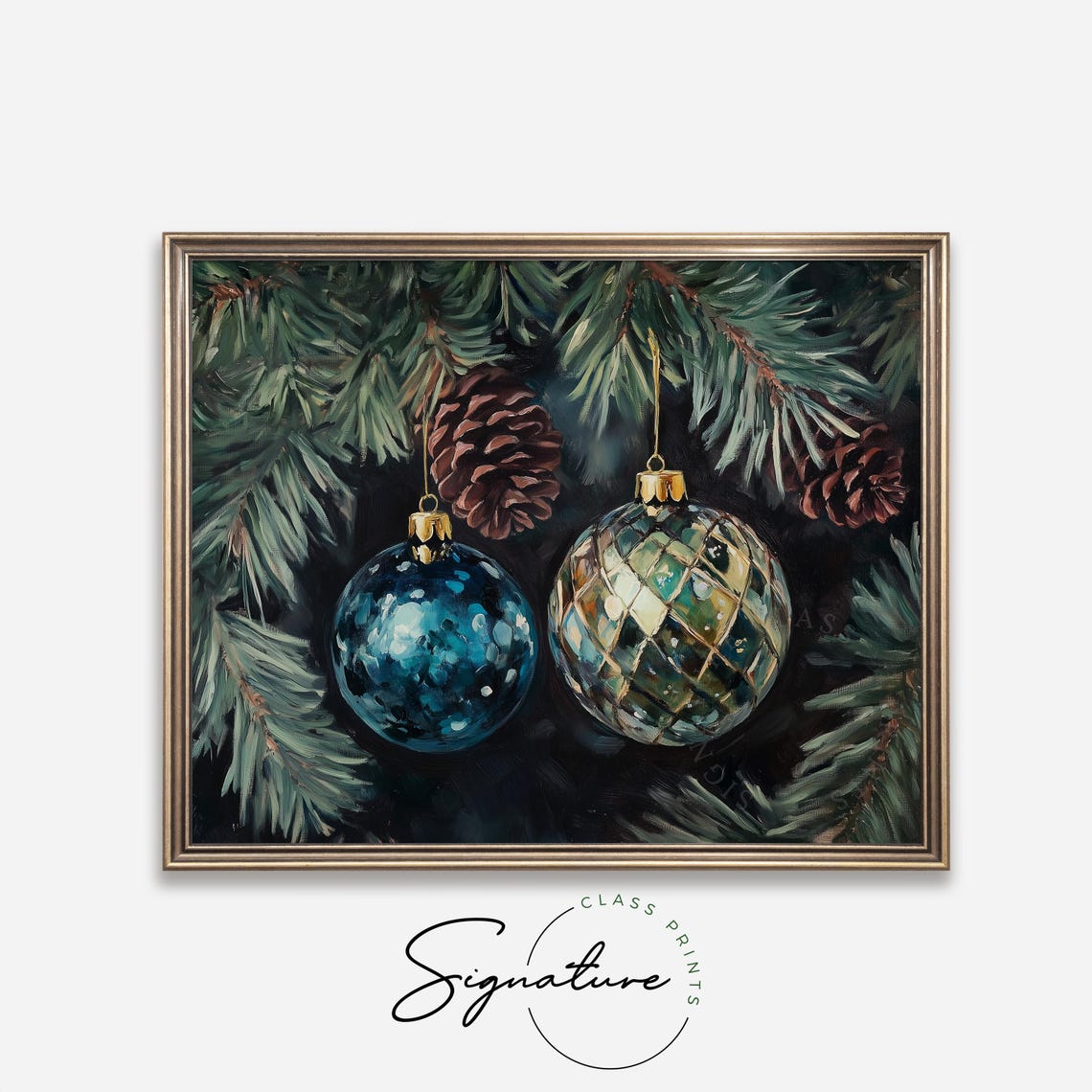 Teal Blue And Quilted Green Christmas Ornaments On Pine Poster - Image 4
