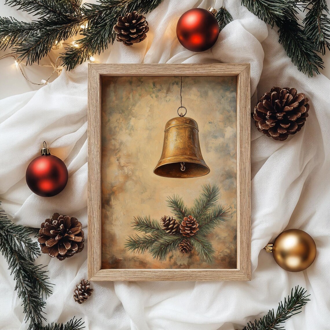 Antique Golden Bell Hanging Above Pine Sprigs and Pinecones Poster - Image 4