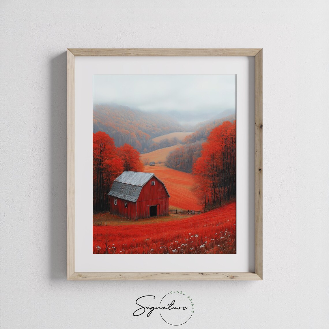 Red Barn In A Crimson Autumn Valley Under Misty Distant Hills Poster - Image 3