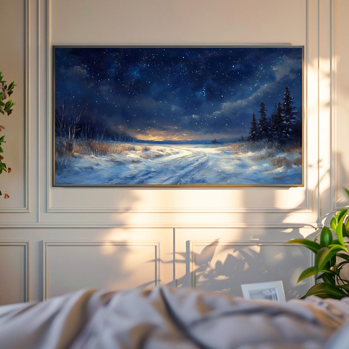 Starry Winter Night Snowy Meadow Golden Horizon Pines Moonlight Poster - Image 4