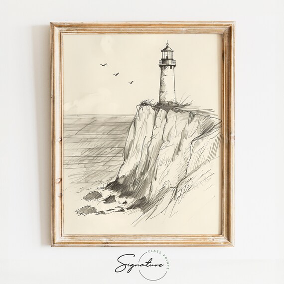 Lonely Lighthouse On Coastal Cliff Pen Sketch Nautical Poster