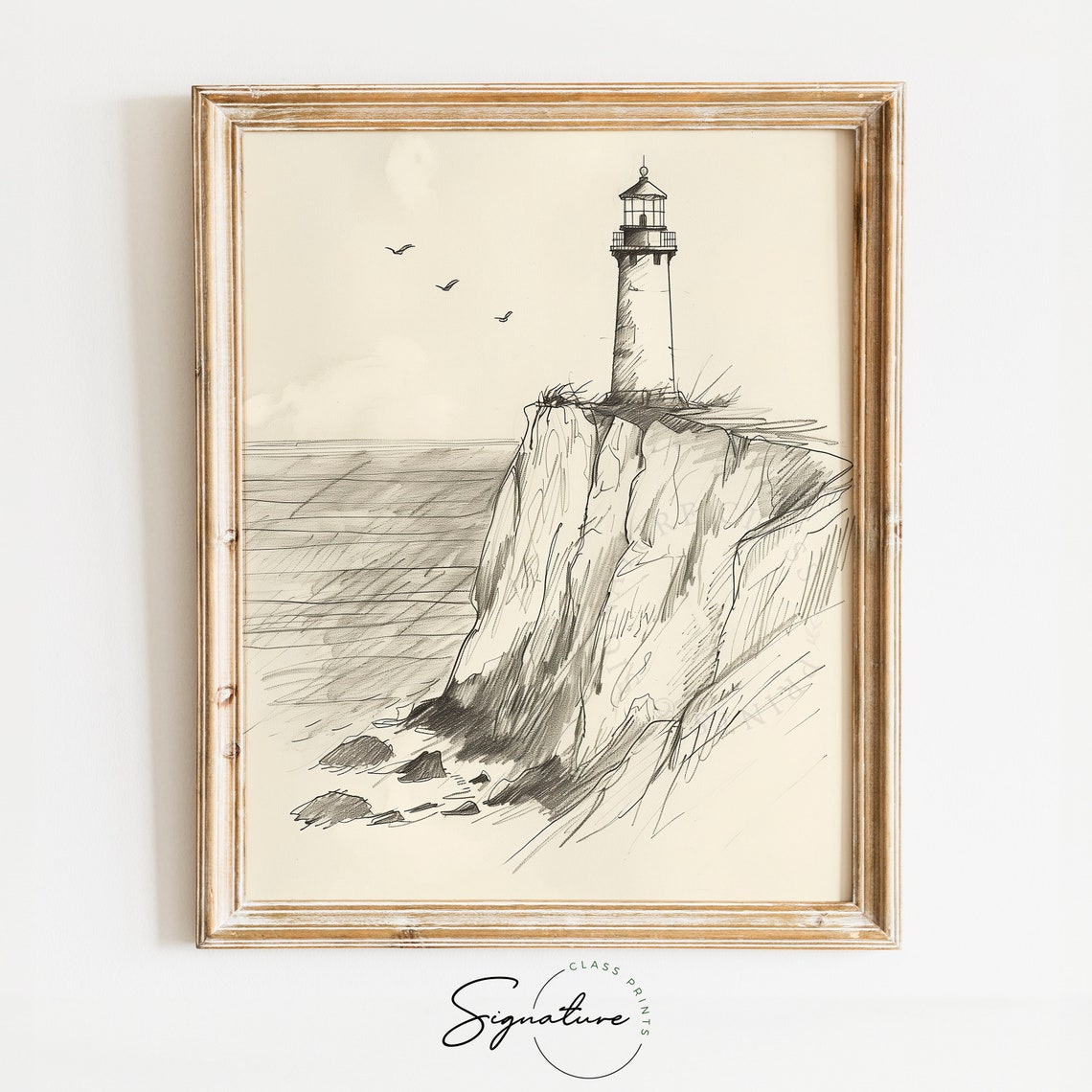 Lonely Lighthouse On Coastal Cliff Pen Sketch Nautical Poster