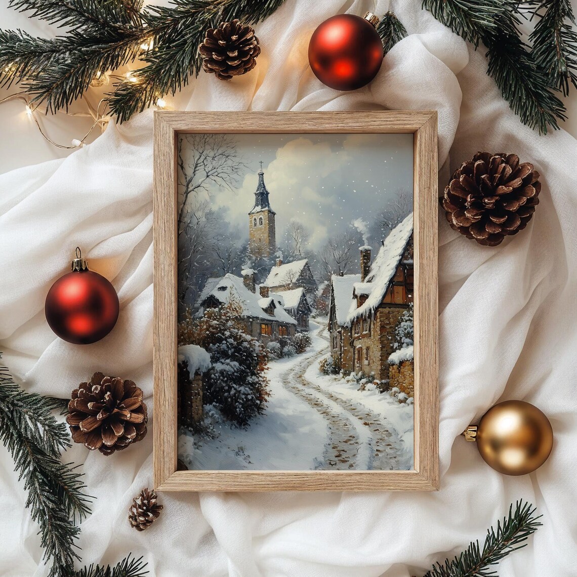 Cobblestone Winter Village Lane With Church Christmas Poster - Image 4