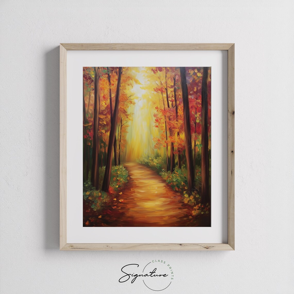 Sunbeams Pouring Down an Autumn Forest Path in Golden Light Poster - Image 3