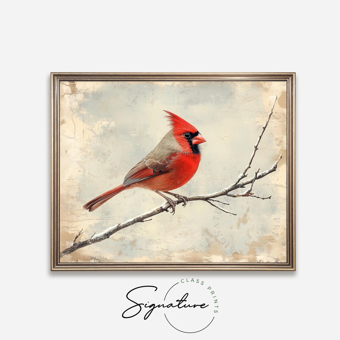 Vibrant Red Cardinal Perched On Frosted Winter Branch Vintage Poster - Image 4
