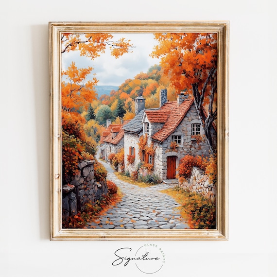 Autumn Stone Cottage Village Oil Painting Cobblestone Lane Poster