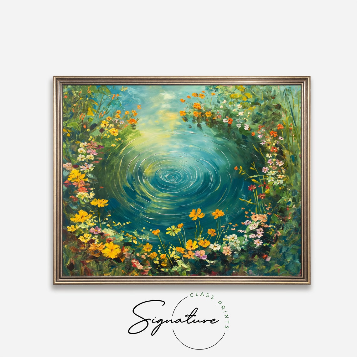 Emerald Swirl Pond With Golden Wildflowers Overhead View Poster - Image 4