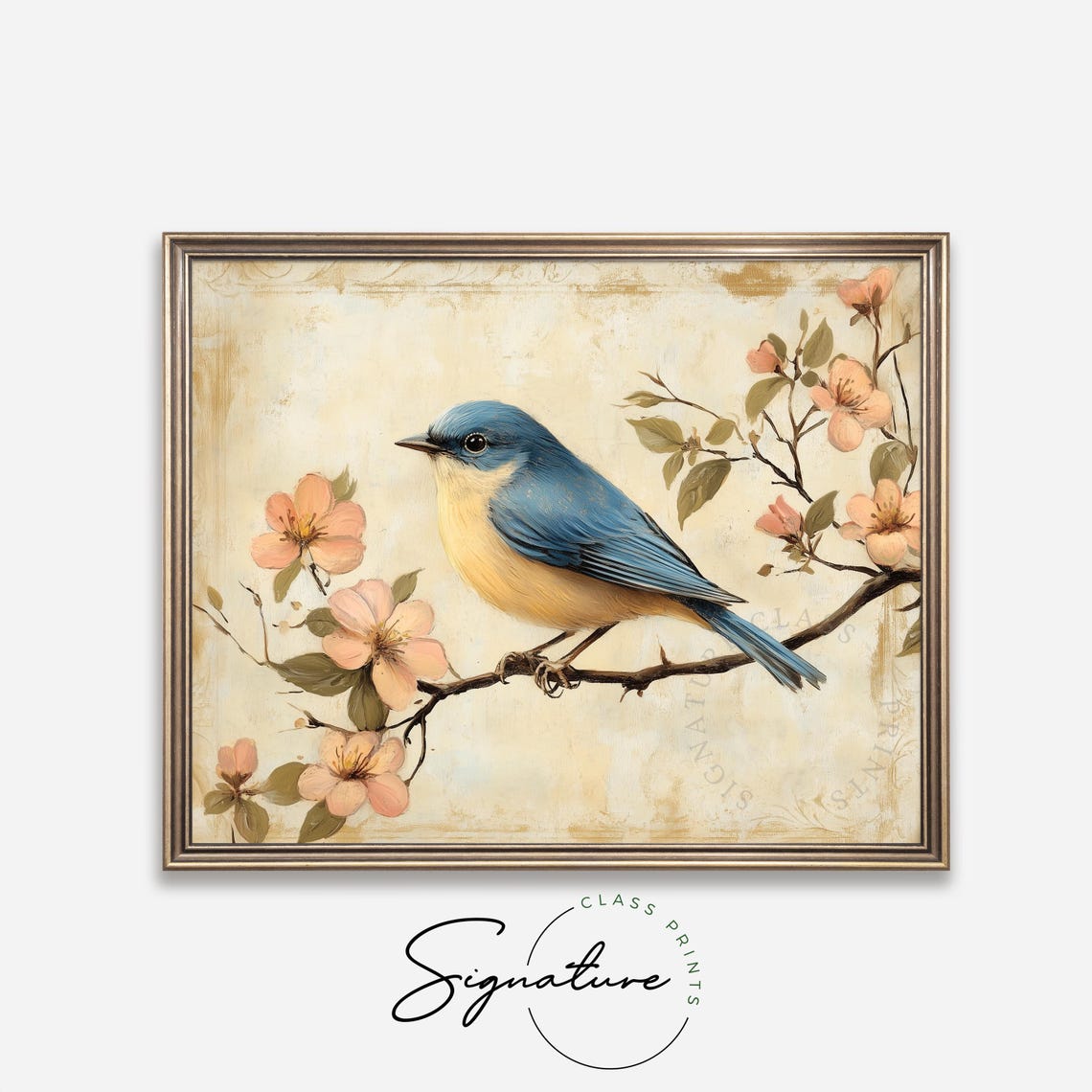 Vintage Bluebird Perched On Pink Blossom Branch Spring Cottage Poster - Image 4