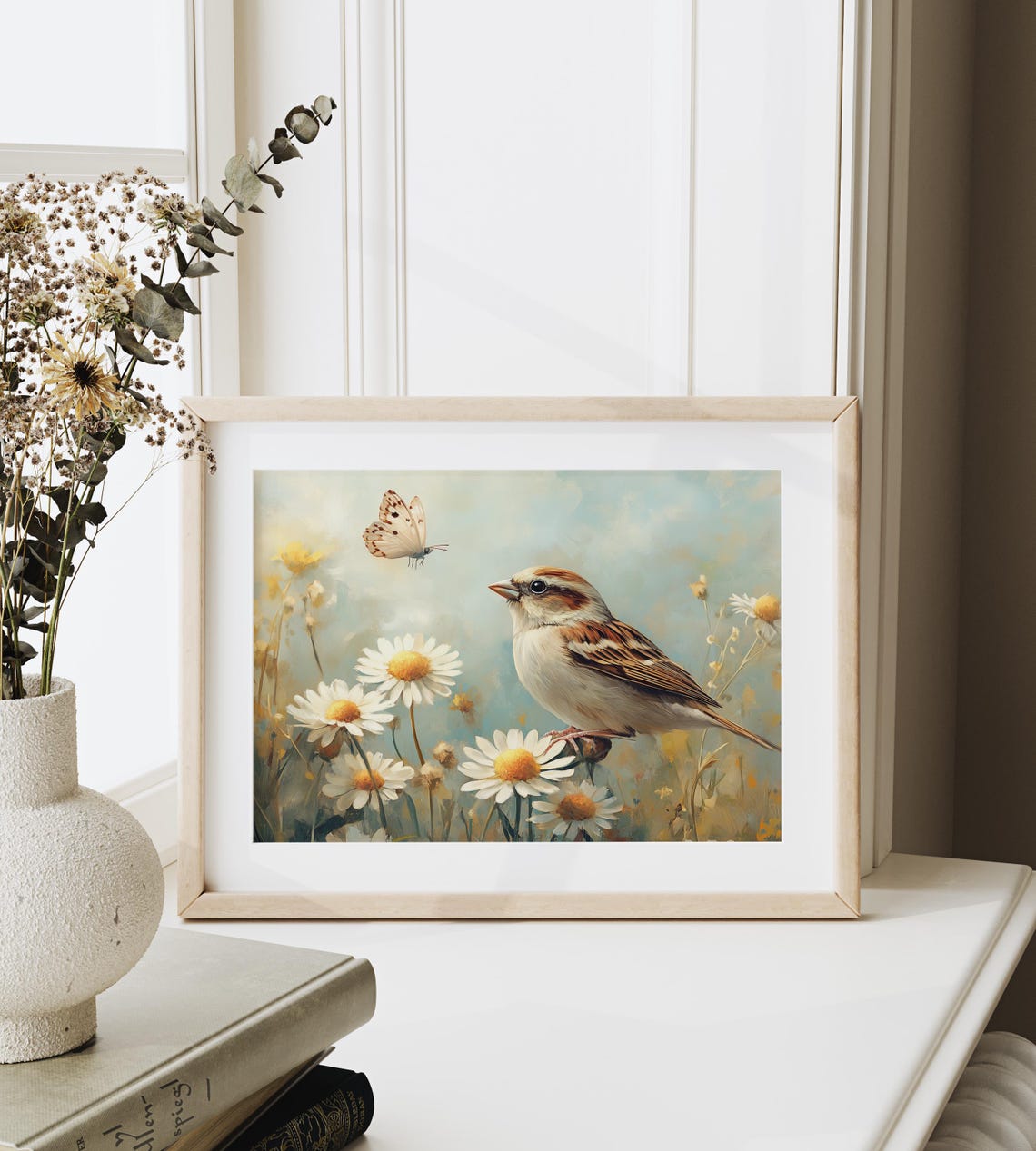 Sparrow Amid White Daisies With Butterfly Sunny Spring Garden Poster - Image 6