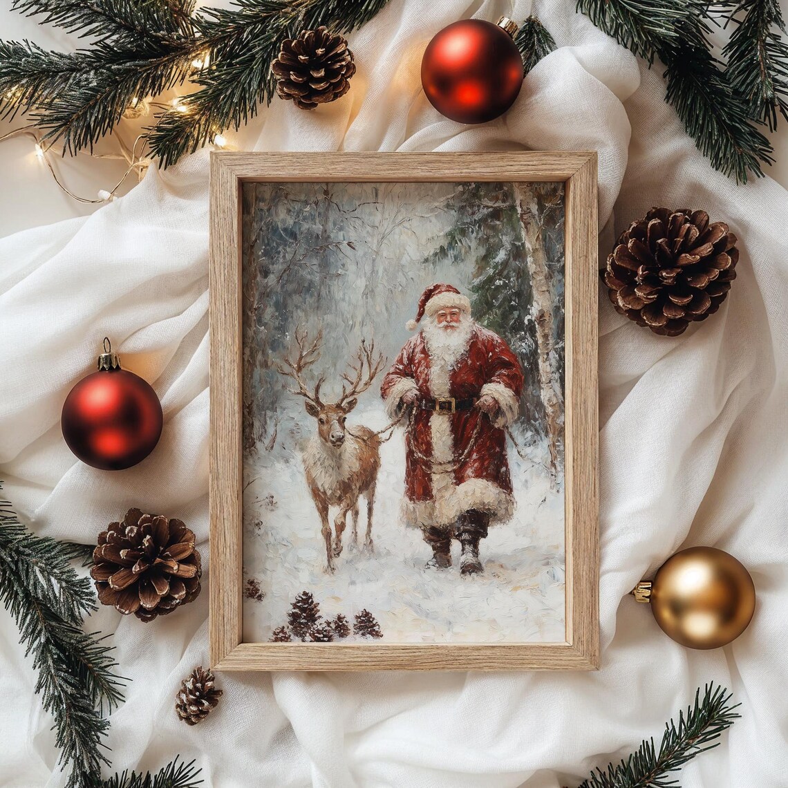 Santa Claus Walking with Reindeer in Snowy Woods Christmas Print - Image 4