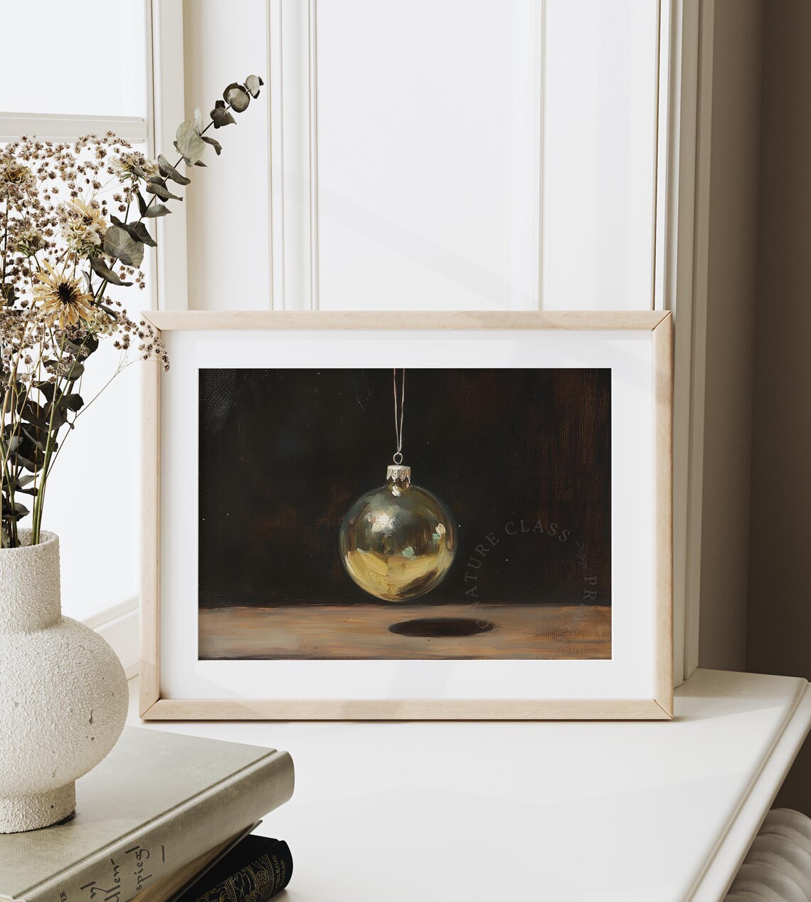 Single Gold Christmas Ornament Hanging Against Dark Background Poster - Image 6