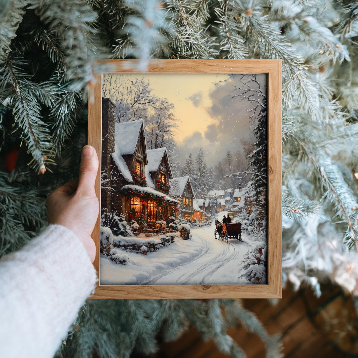 Christmas Village Street with Horse Carriage on Snowy Night Poster - Image 6
