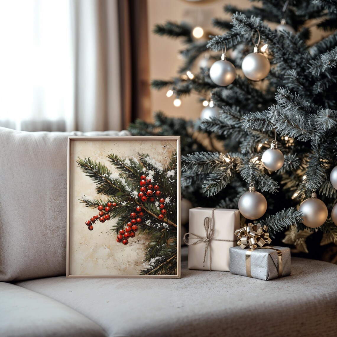 Snowy Fir Branch with Red Winter Berries Vintage Botanical Poster - Image 5