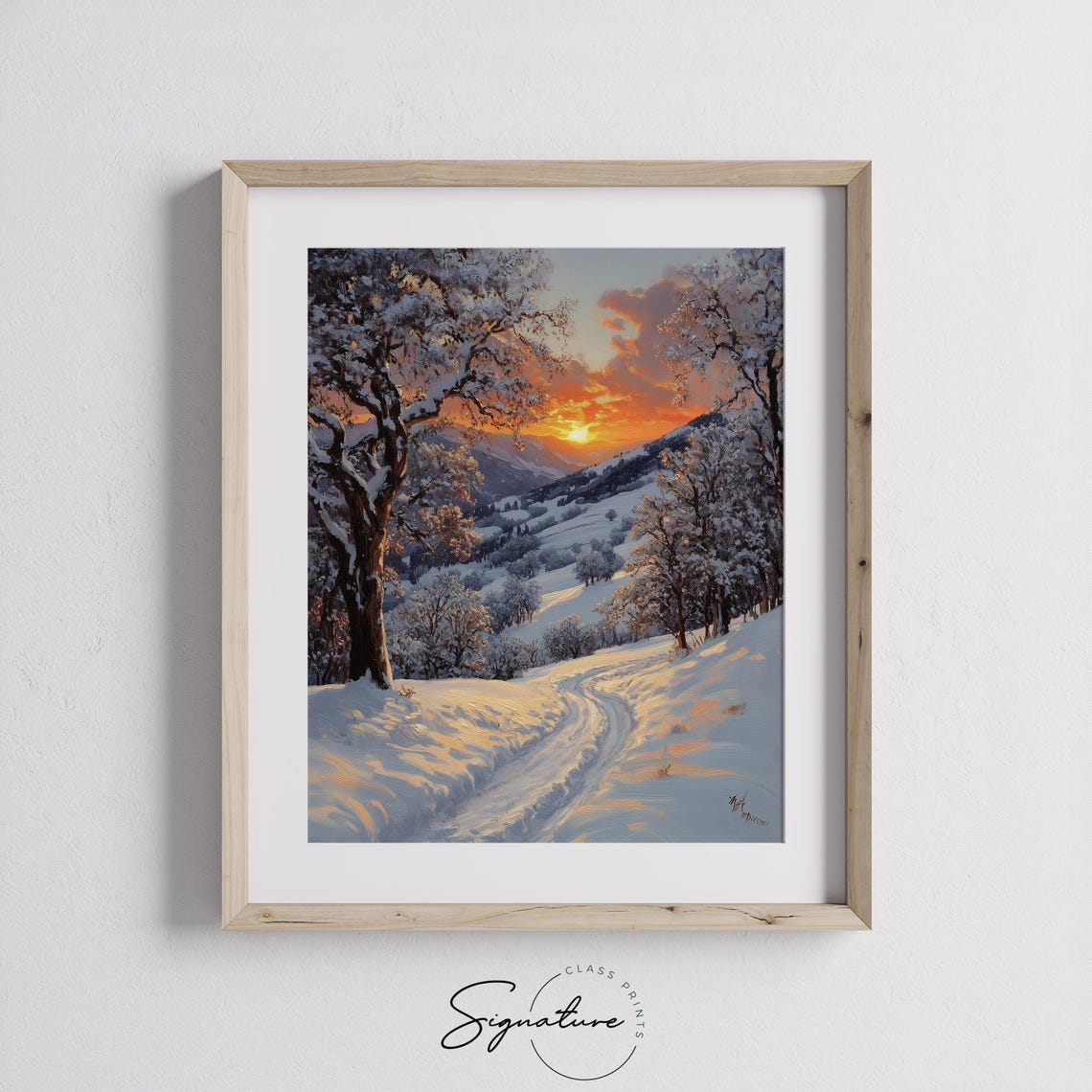 Snowy Mountain Valley Warm Sunset Glow Winter Landscape Poster - Image 2
