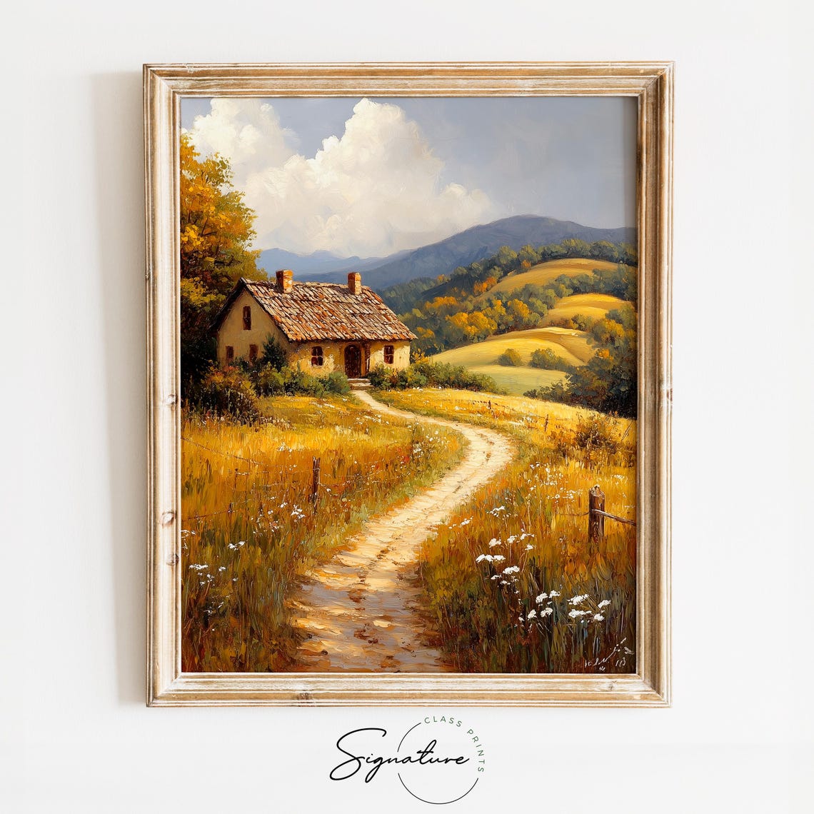 Rustic Stone Cottage Golden Meadow Wildflowers Rolling Hills Poster
