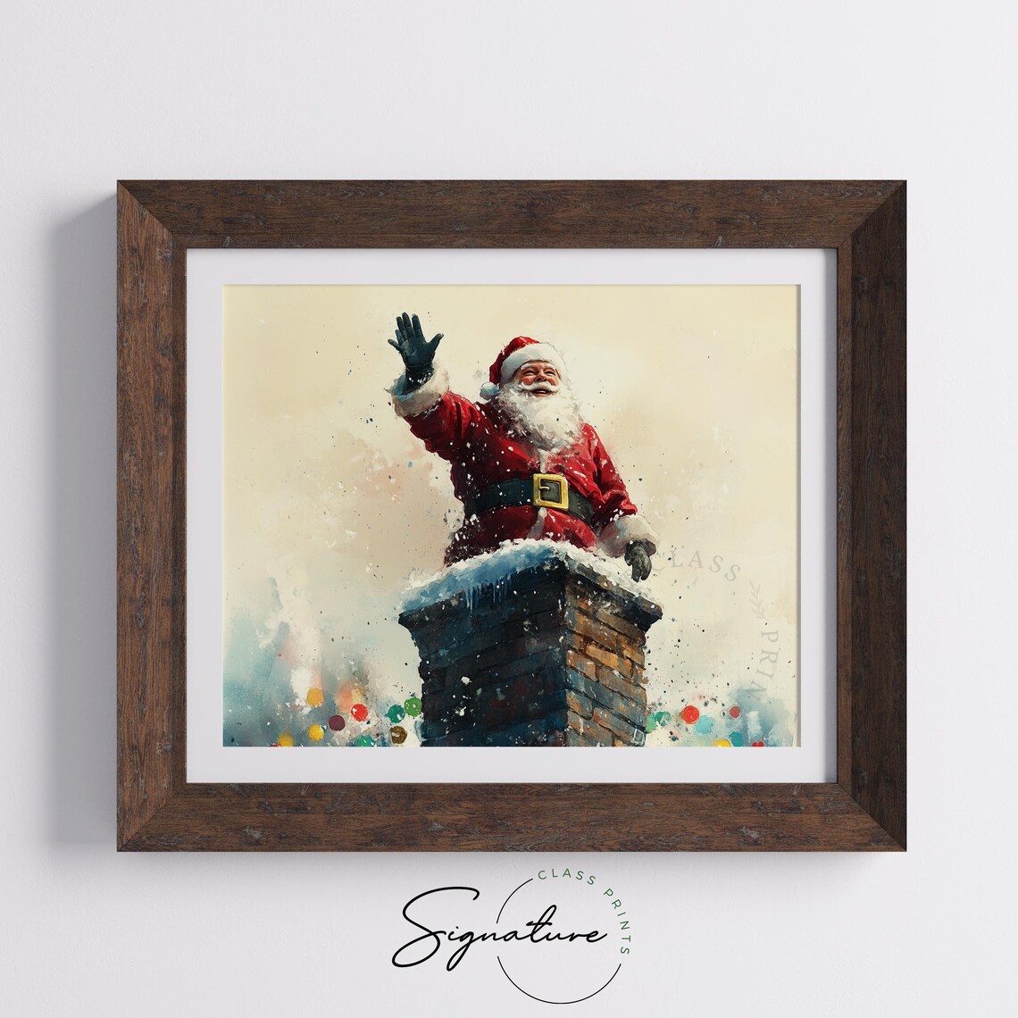 Santa Claus Waving From Snowy Chimney Top Watercolor Scene Poster - Image 5