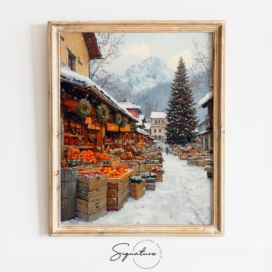 Snowy Christmas Market with Orange Crates in Town Square Poster