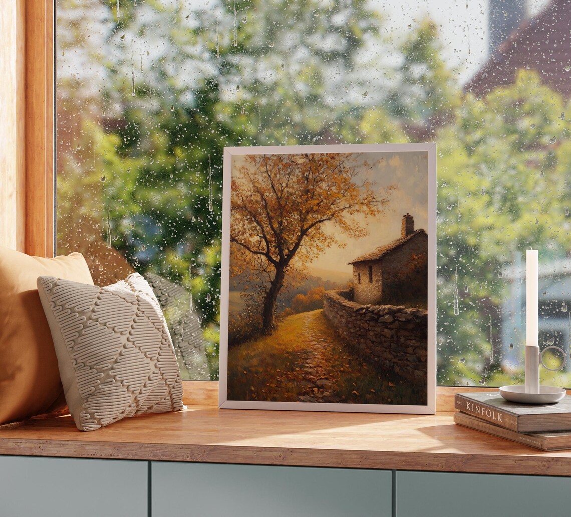 Stone Cottage Stone Wall Golden Autumn Tree Rustic Fall Landscape Poster - Image 5