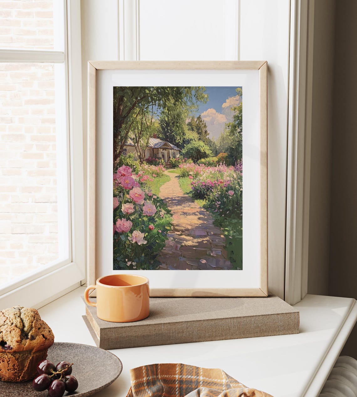 Pink Peony Lined Shady Stone Path to Cottage Summer Garden Poster - Image 4