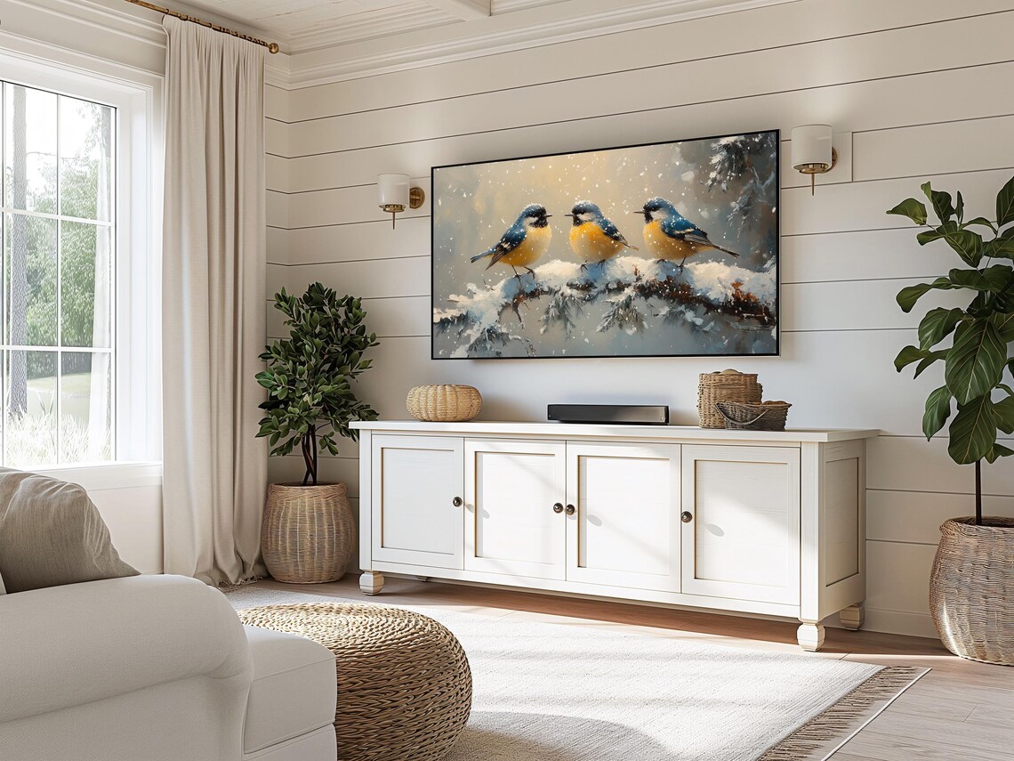 Songbird Trio On Snowy Pine Branch In Falling Snow Winter Bird Art Poster - Image 3