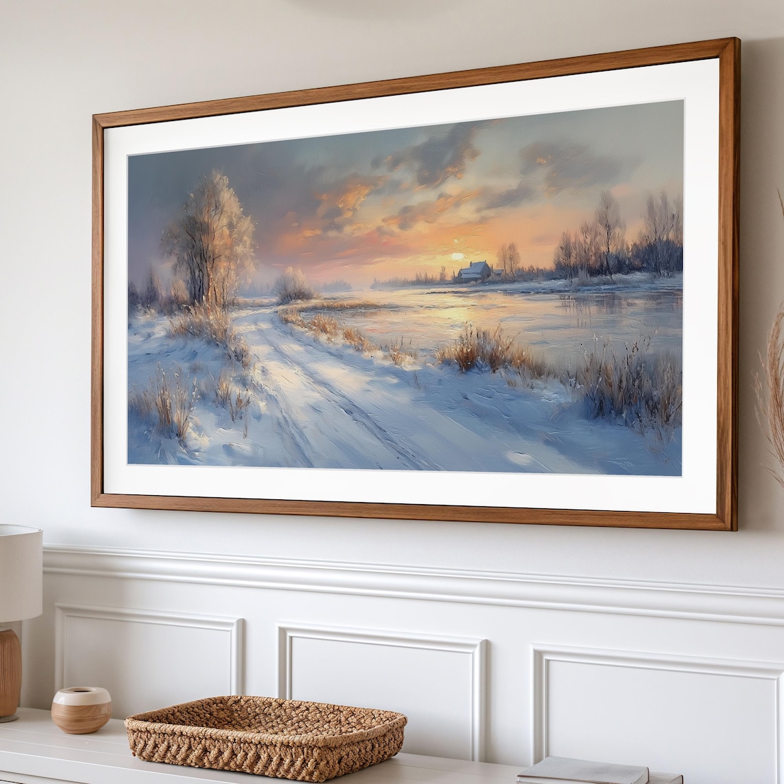Frosty Winter Meadow Sunrise Snowy Path Frozen Lake Pink Sky Scene Poster - Image 2