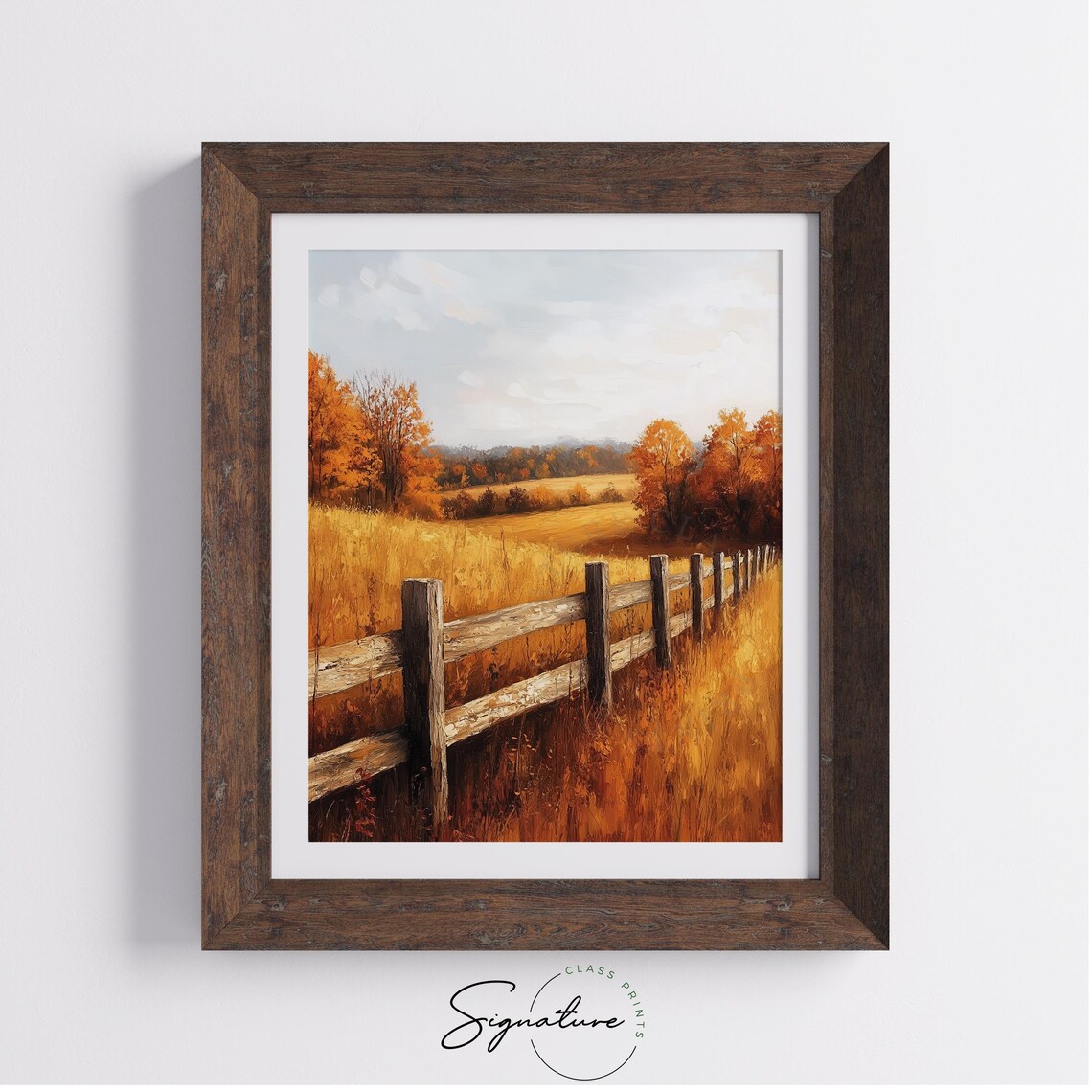 Rustic Wooden Fence Winding Through Golden Autumn Field to Treeline Wall Art - Image 4
