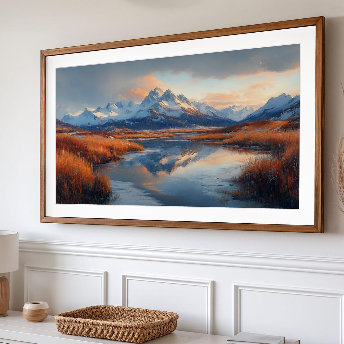 Snowy Mountain Range Lake Reflection Golden Grass Sunset Poster - Image 2