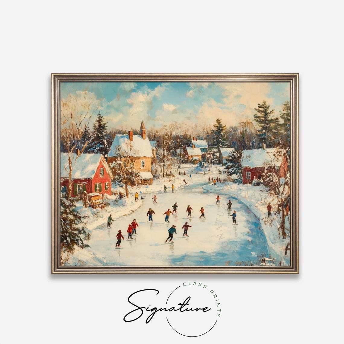 Village Skaters On A Frozen River Beneath Snow Covered Cottages Poster - Image 4