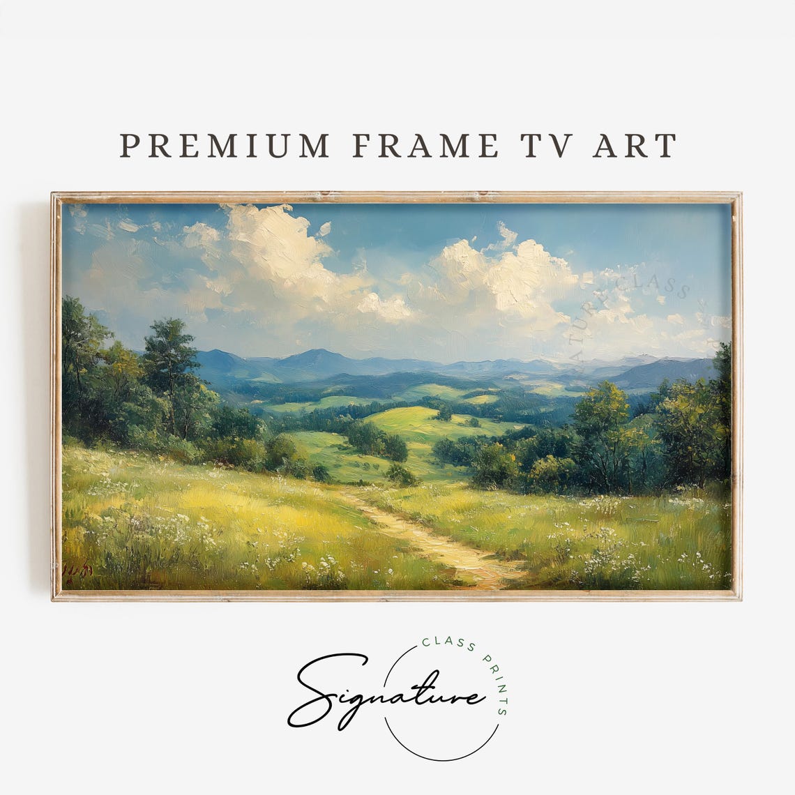 Sunlit Rolling Green Hills Winding Dirt Path Impressionist Oil Poster