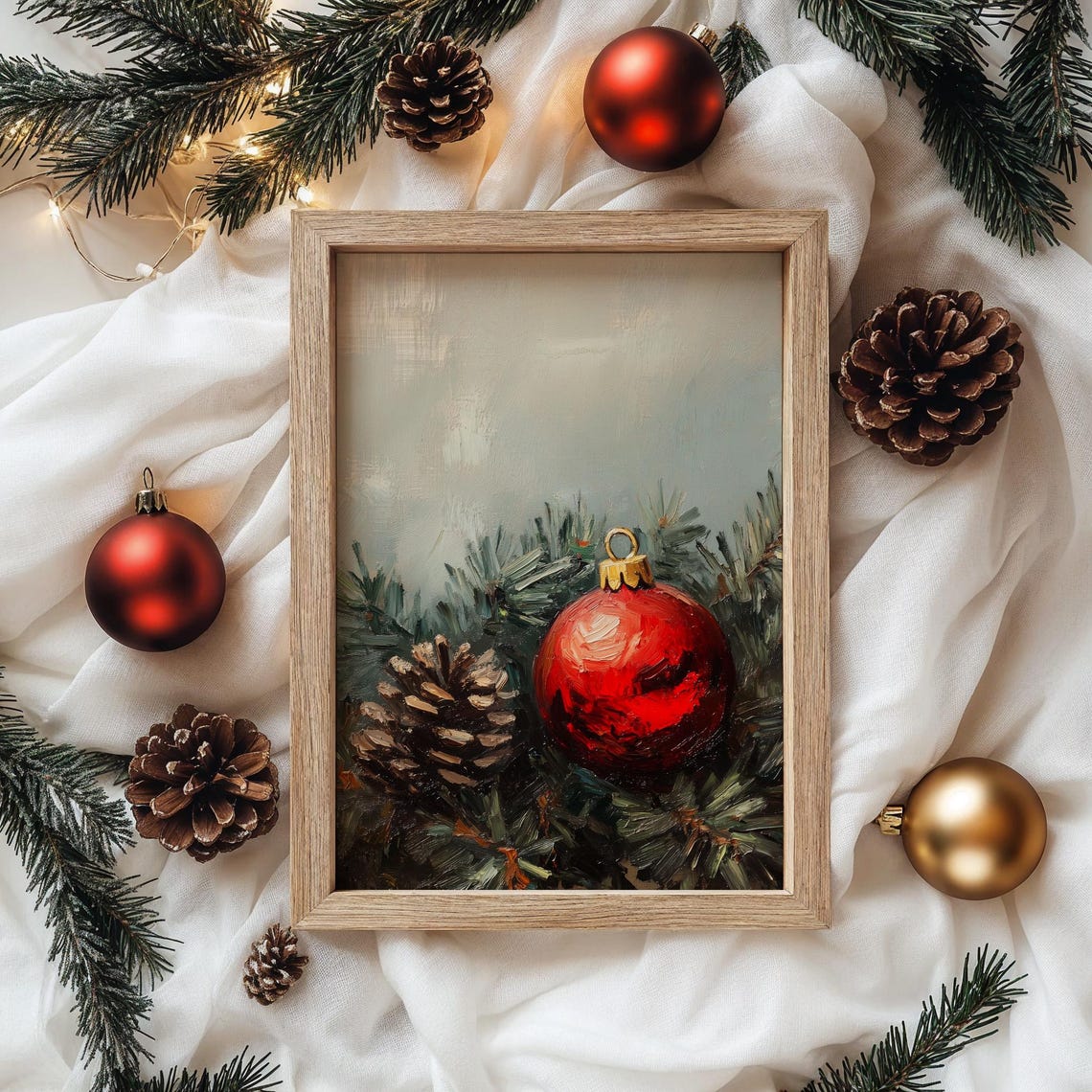 Red Christmas Ornament and Pinecone on Evergreen Branches Poster - Image 4
