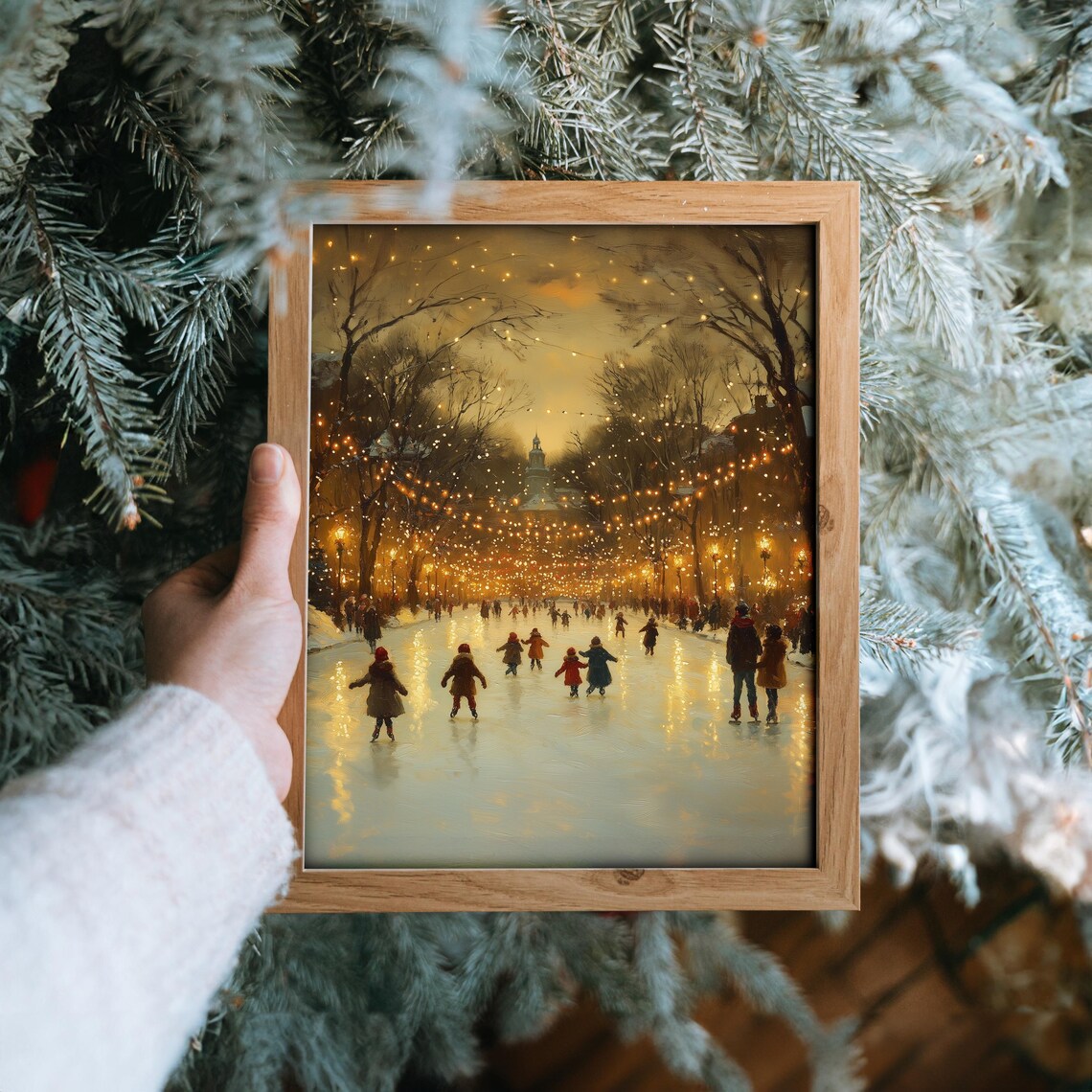 Ice Skating Children Under Christmas Lights, Vintage Print - Image 6