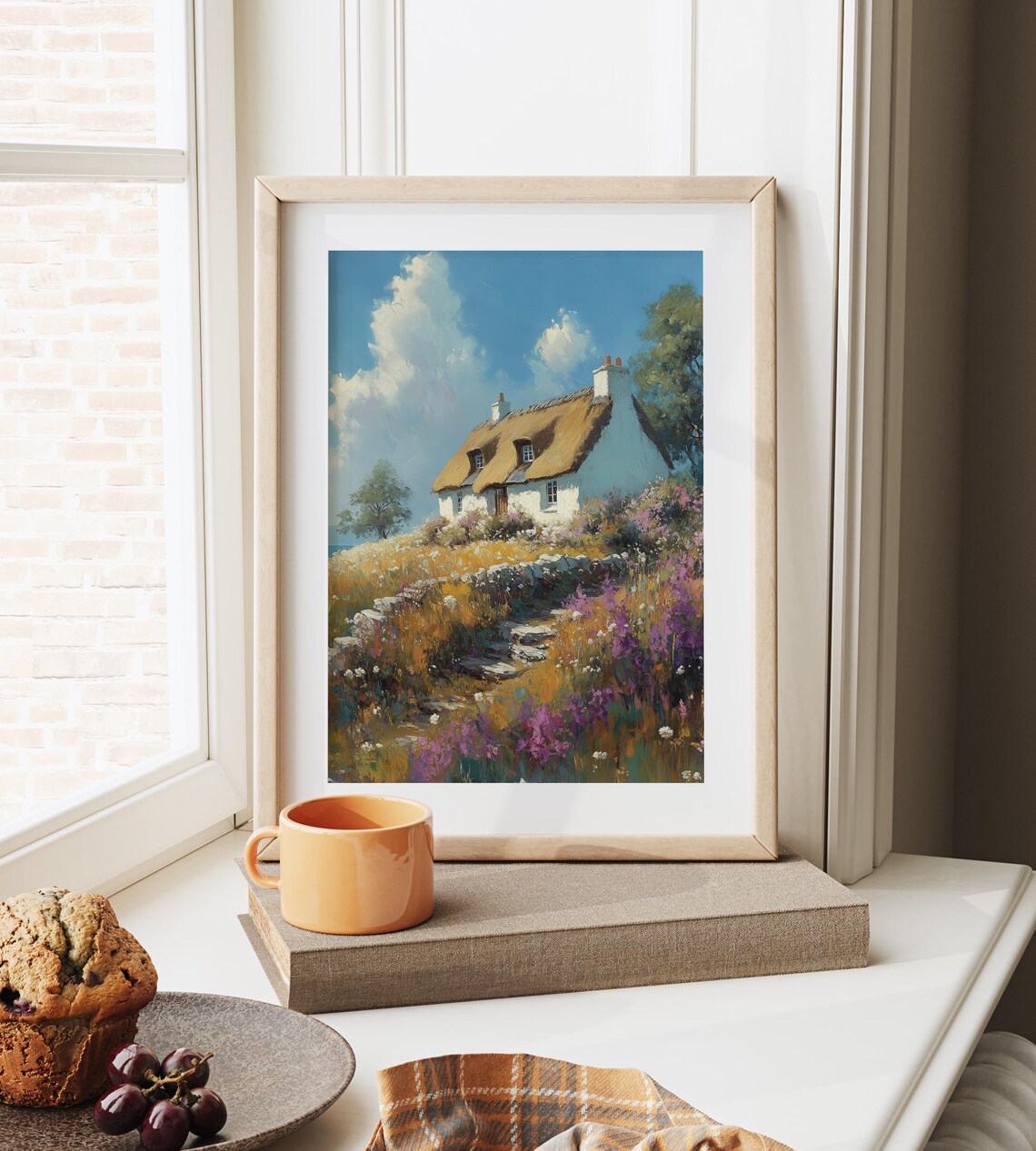 Thatched Roof Cottage in Wildflower Meadow Blue Sky Summer Poster - Image 4
