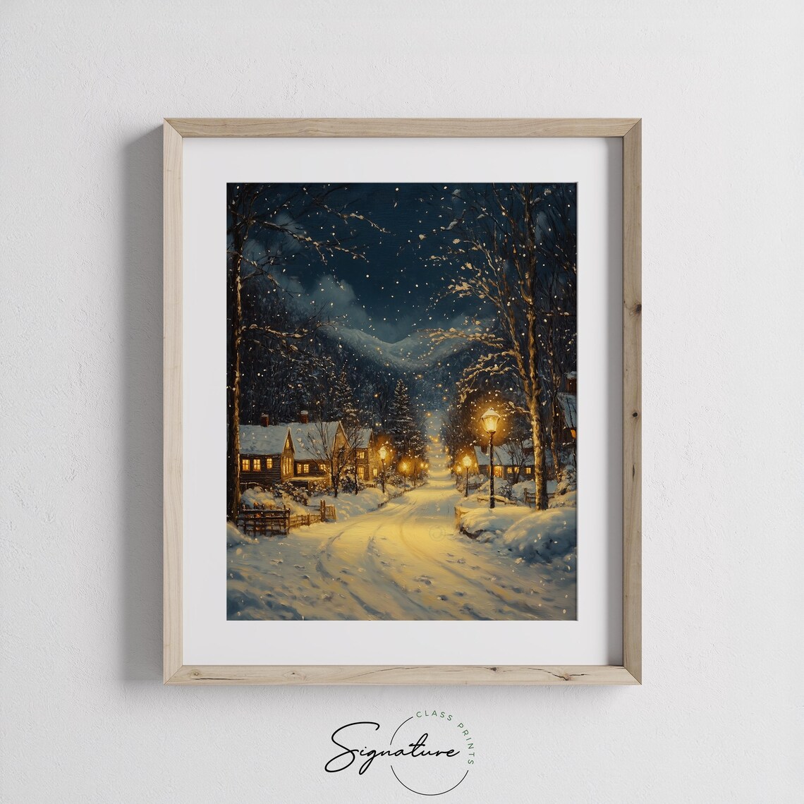 Snowy Village Street at Night with Falling Snow and Lampposts Poster - Image 2