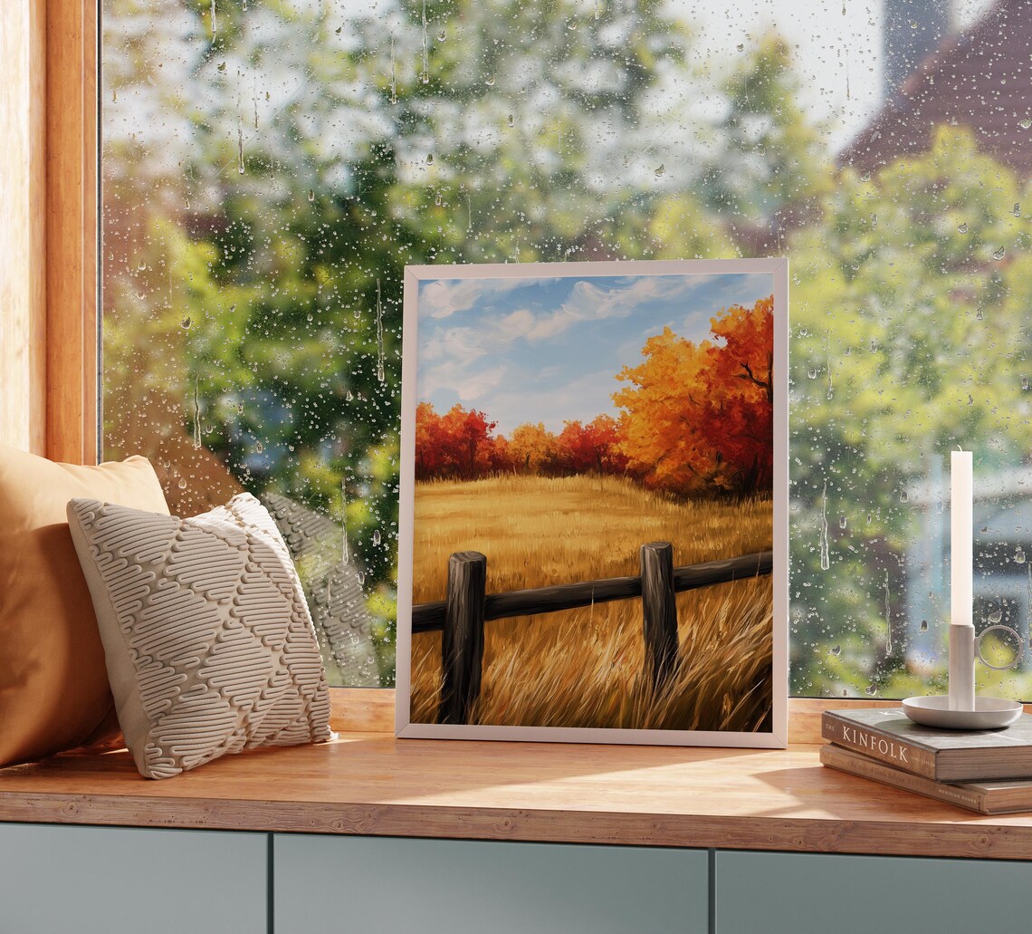 Weathered Fence Posts Overlooking Vast Golden Meadow in Autumn Wall Art - Image 2