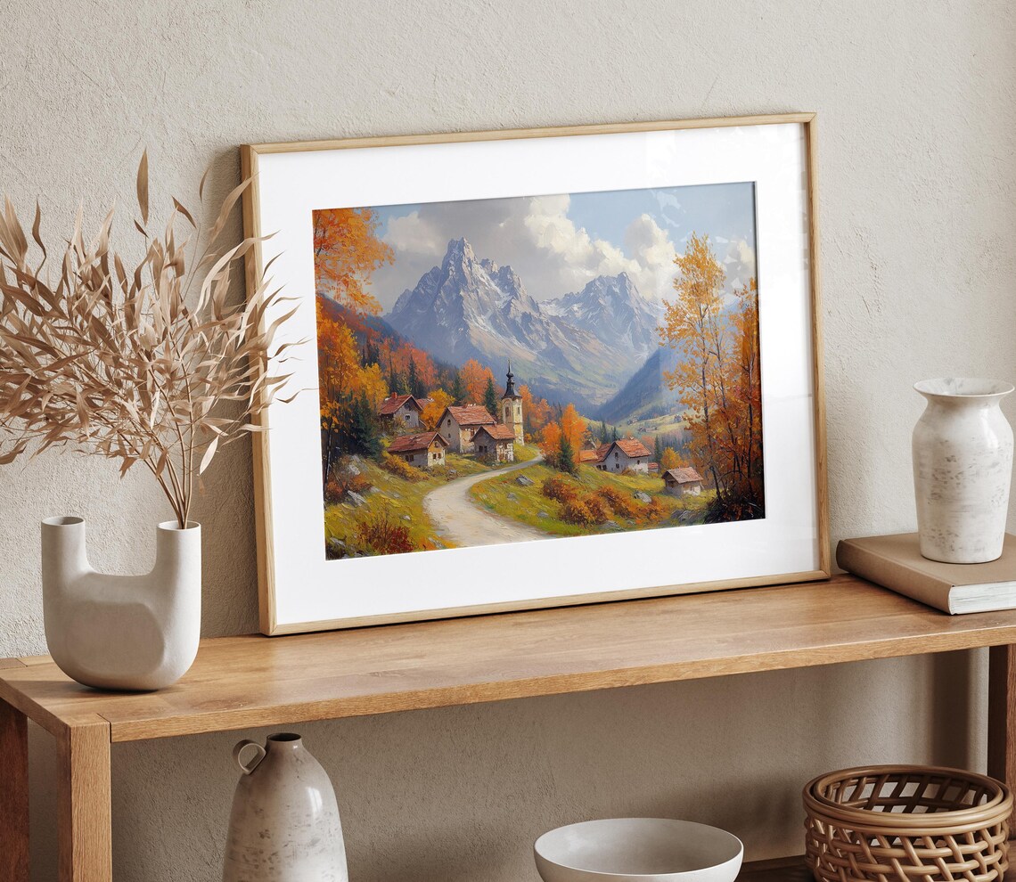 Alpine Village Chapel Snowy Peaks Autumn Oil Painting Poster - Image 4