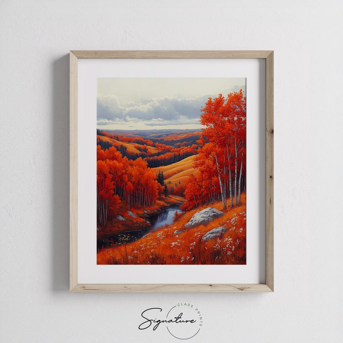 Red Autumn Hills With River Valley Vibrant Fall Landscape Poster - Image 3