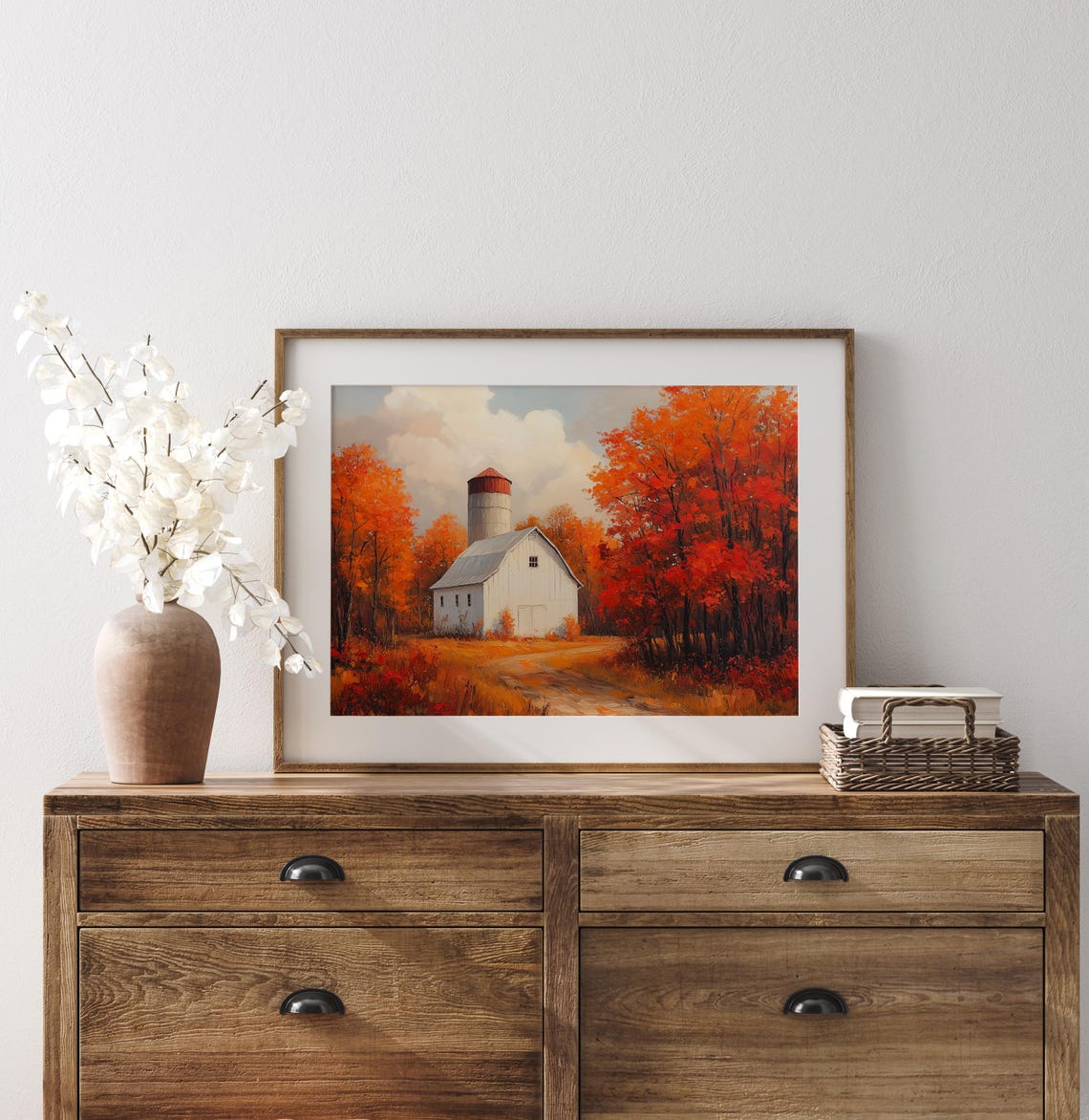 White Barn Silo Autumn Forest Fall Colors Oil Painting Poster - Image 3