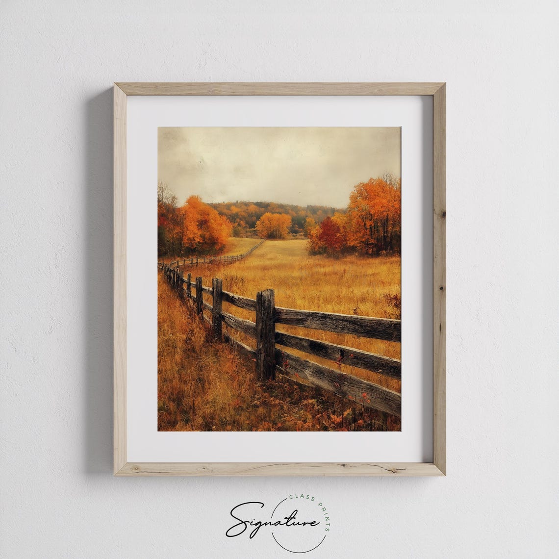 Wooden Fence Leading Through Golden Meadow to Autumn Trees Poster - Image 3